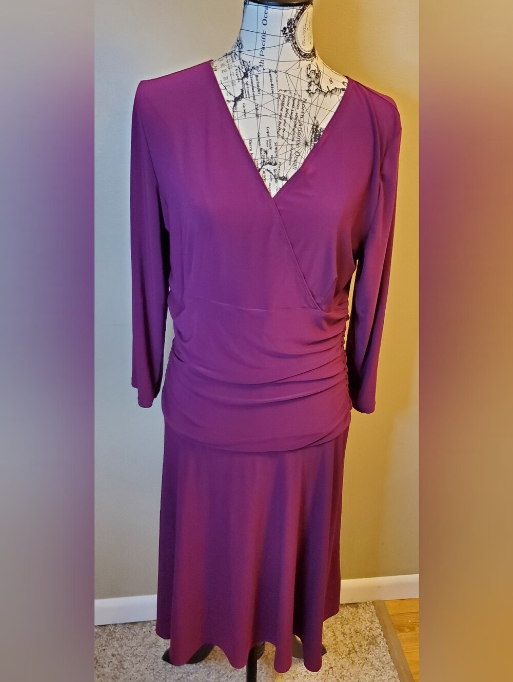 Rekucci Women’s Size 14 Plum Purple Midi Dress Ruched Wrap V Neck 3/4 Sleeve
